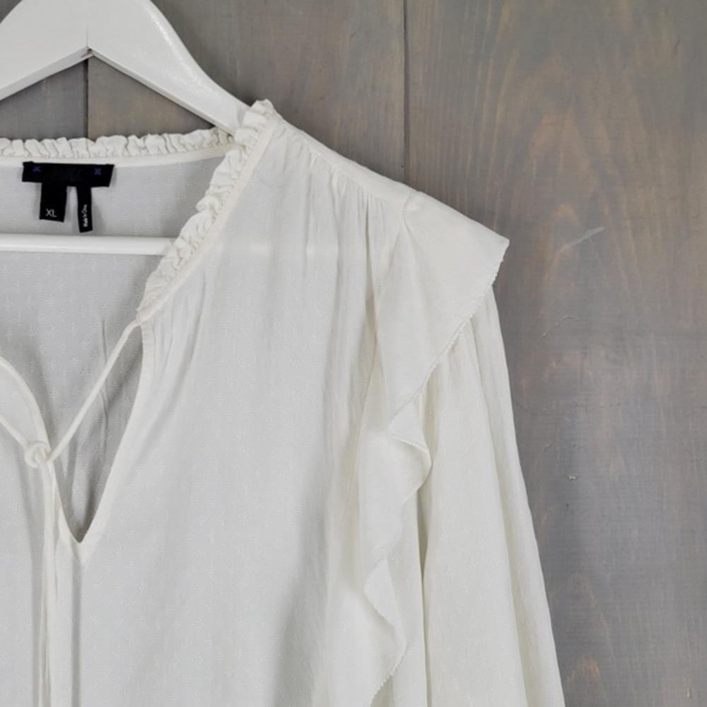 PAIGE Womens White Ruffled V Neck Tassel Tie Long Sleeve Blouse Top XL cottage - Picture 3 of 7